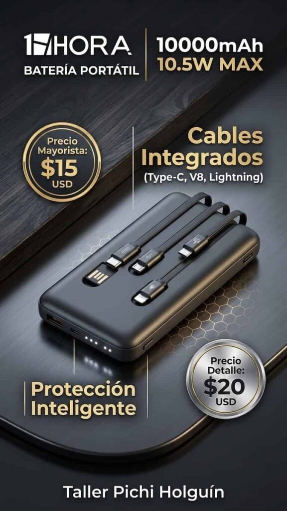 Batería portátil 1Hora 10000 mAh con cables integrados