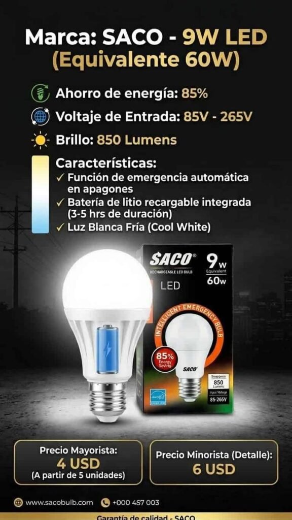 Bombillo LED recargable SACO 9W (equivale a 60W)
