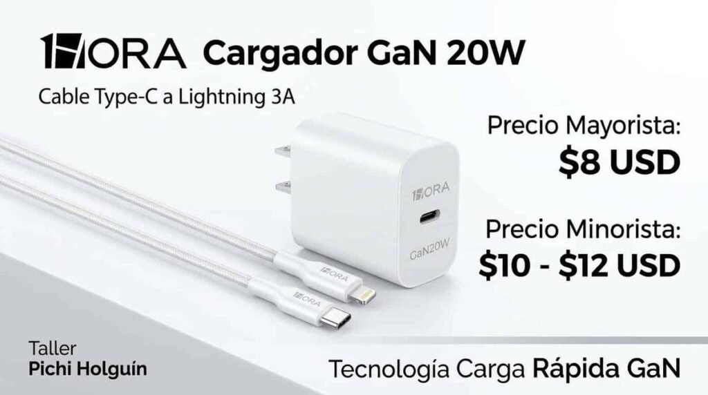 Cargador 1Hora GaN 20W con cable Tipo C a Lightning