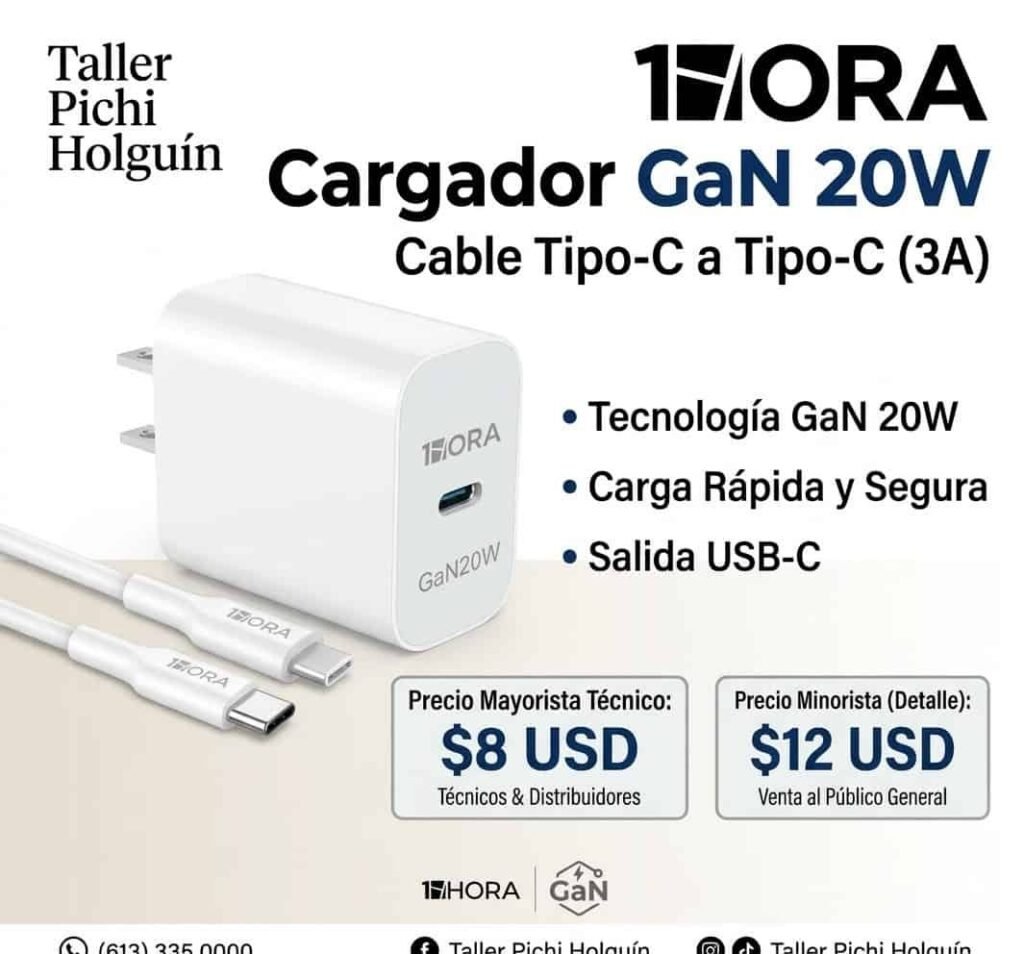 Cargador 1Hora GaN 20W con cable Tipo C a Tipo C